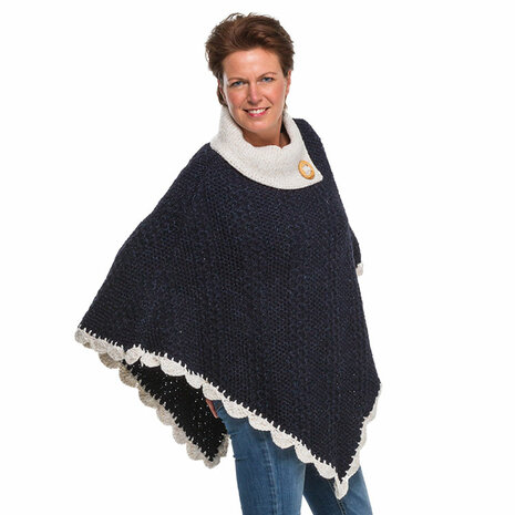 Poncho circulaire wol blauw - ecru