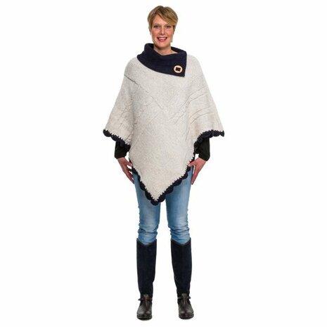 Poncho circulaire wol ecru - blauw