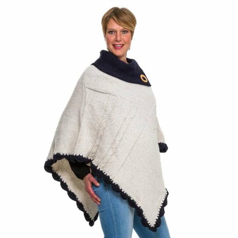 Poncho circulaire wol ecru - blauw